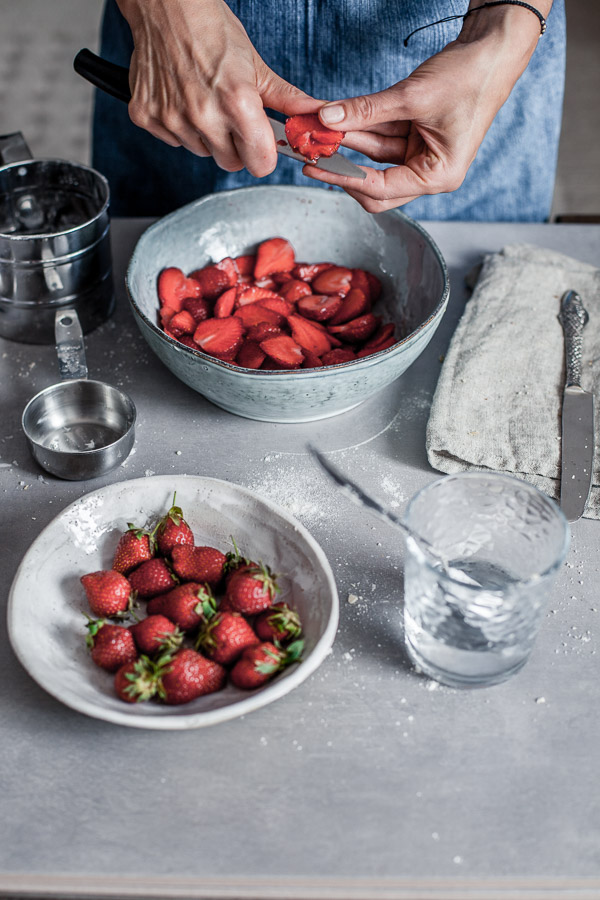 Making of strawberry galette, slicing the strawberries, Maja brekalo
